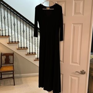 Calvin Klein Black V Neck Long Black Dress with 3/4 Sleeves